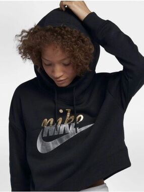 Nike Sportswear Rally Metallic Logo Clash Cropped Black Pullover Hoodie